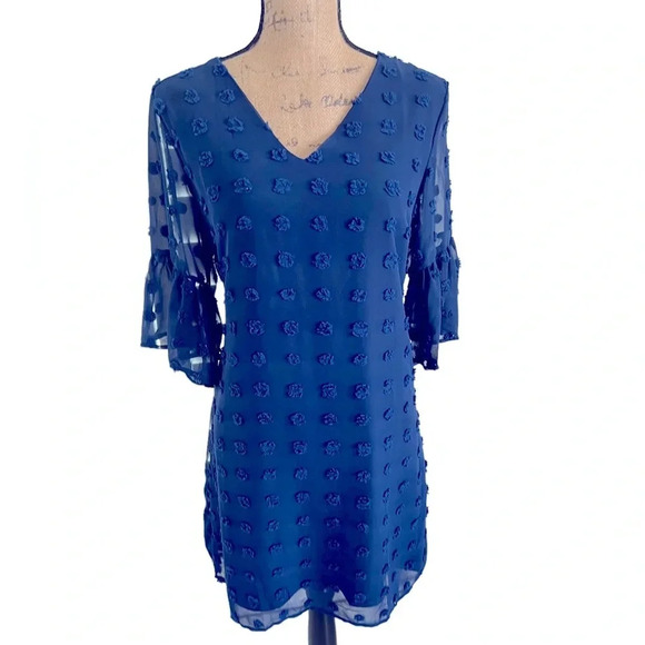 Navy Blue Textured Polka Dot Fully Lines Dress M - Picture 3 of 8
